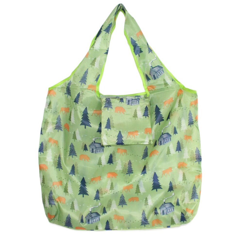 Foldable Compact Green Graphic Reusable Grocery Tote Shopping Bag